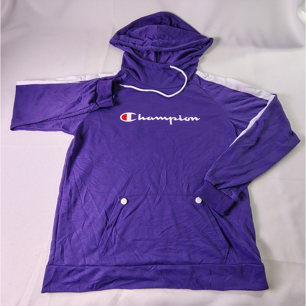 Champion Womens Large Purple Striped Hoodie Pullover Sweatshirt Logo Pocket Y2K